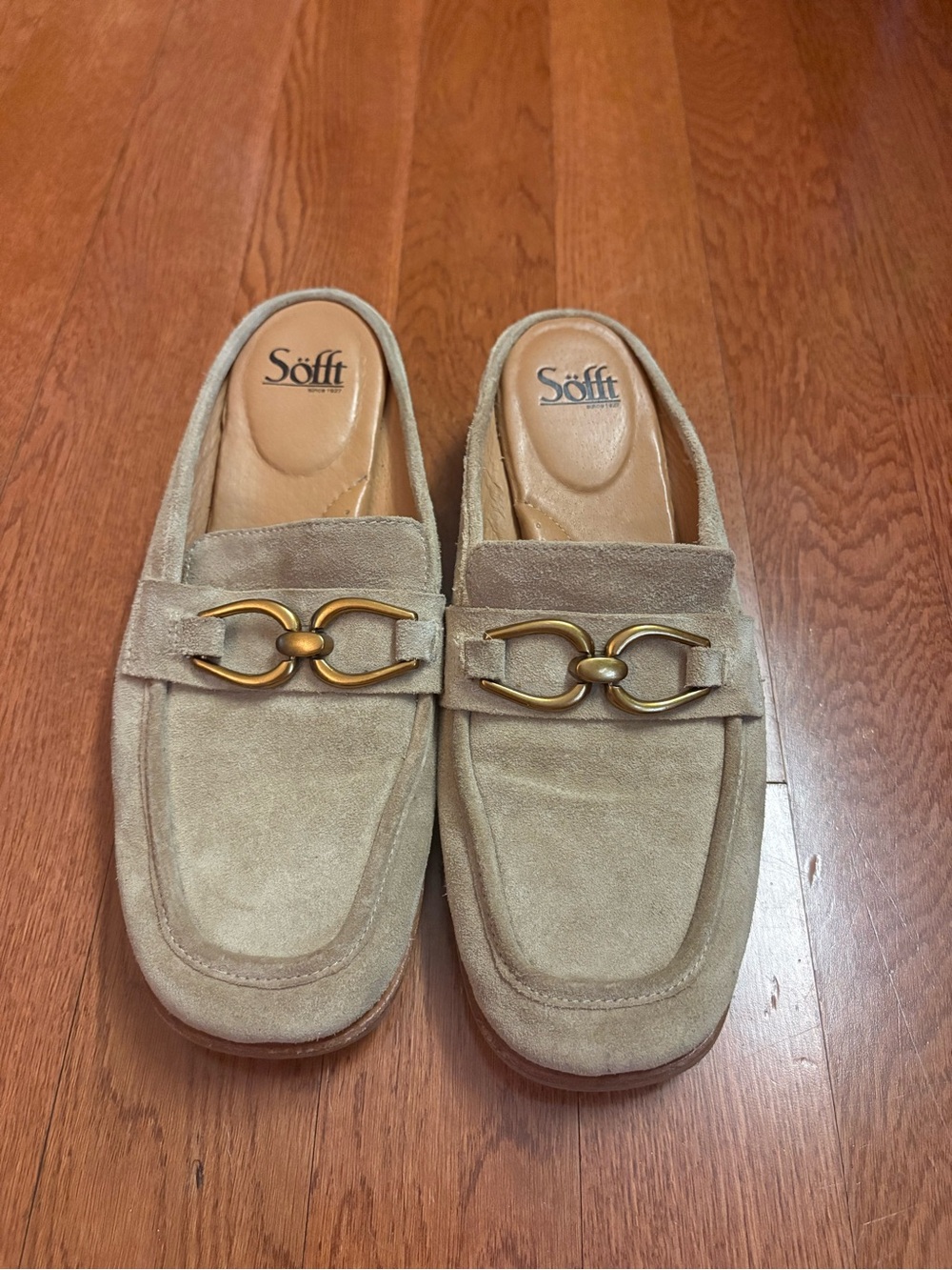 Women’s  Taupe Suede Slip-On Loafers with Gold Accent. Size 10